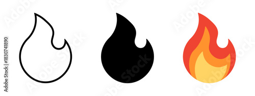 Fire icon set representing heat, energy, and danger. Vector illustration of flames in outline, solid black, and orange styles.