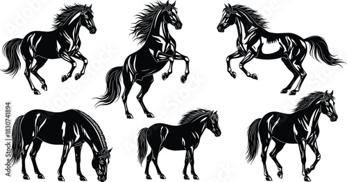Set of Majestic Black Horse Silhouettes in Various Dynamic Poses: Galloping, Rearing, and Trotting Vector Graphics
