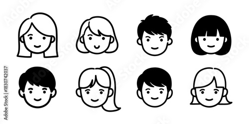 Minimalist line art avatar set featuring smiling male and female characters with diverse hairstyles.