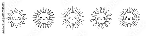 Adorable set of kawaii sun icons featuring cute smiling faces, winking expressions, and sunglasses in line art.