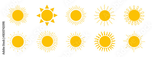 Collection of yellow sun illustrations featuring various ray styles, from spirals to geometric shapes.