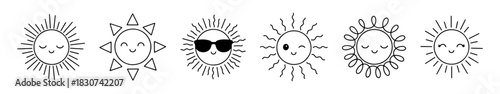 Adorable set of kawaii sun icons featuring cute smiling faces, winking expressions, and sunglasses in line art.