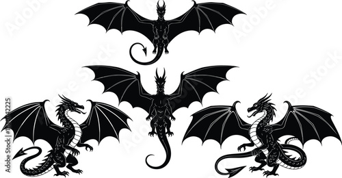 PrintSilhouette of medieval dragon vector illustration set, black mythical creature collection for logo design, isolated on white background, flying monster icon with wings.