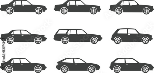 Set of various car type silhouettes, including sedan, hatchback, and station wagon, in a simple modern flat design vector illustration pack.