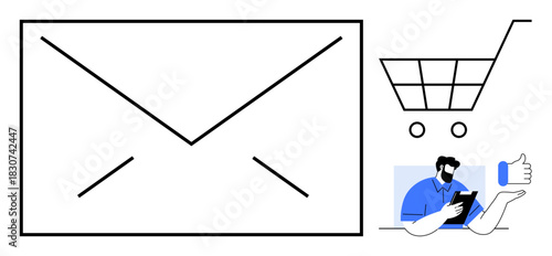 Large envelope, shopping cart, person holding tablet with thumbs up gesture. Ideal for e-commerce, marketing, communication, digital interaction, consumer behavior, online shopping simple flat
