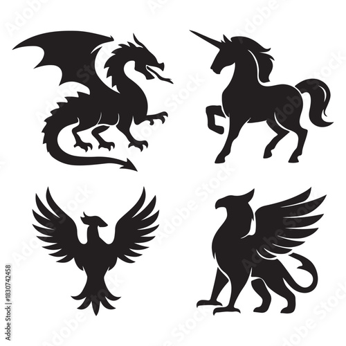 Mythical Creature Silhouette Logo Set – Dragon, Unicorn, Phoenix, Griffin