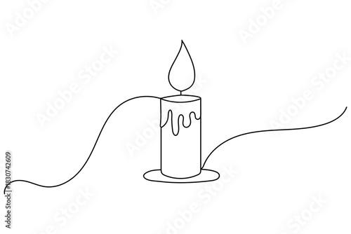 Continuous line drawing of a burning candle with melting wax graphic illustration