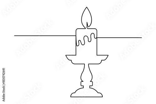 Single continuous line drawing of a burning candle on a holder illustration