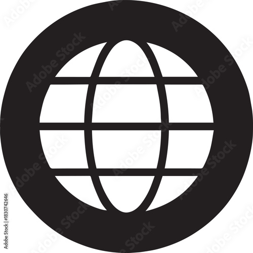 A minimalist black and white icon of a globe with intersecting lines, symbolizing the internet, world, or global network.