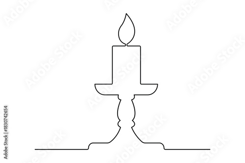 Continuous line art drawing of a burning candle on its holder illustration