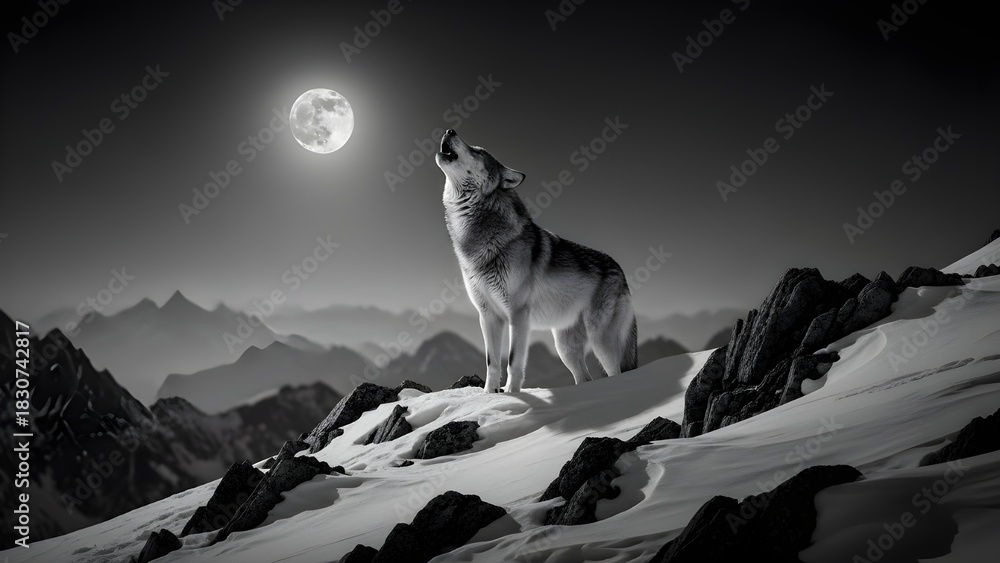 Naklejka premium Majestic wolf howling at the full moon in a stunning monochrome mountain landscape, perfect for nature, wildlife, or adventure-themed projects