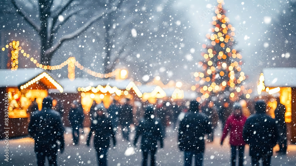 Obraz premium Blurred festive winter christmas market with people, falling snow, bright bokeh lights from stalls and a glowing christmas tree creating holiday mood.