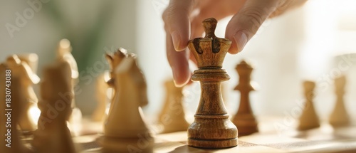 The king chess piece being moved on a wooden chessboard symbolizing strategic thinking and leadership