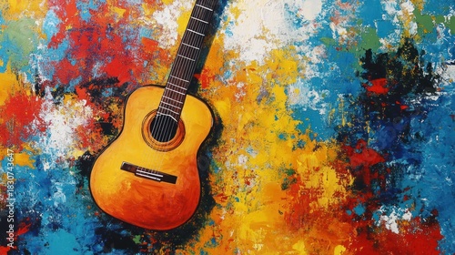 Acoustic guitar on vibrant abstract painting