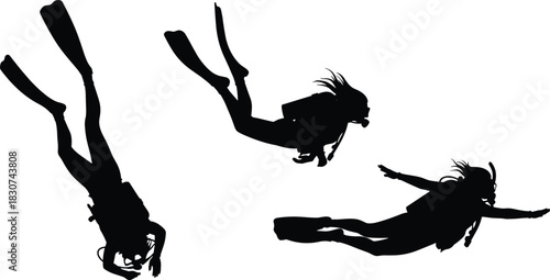 PrintSilhouette of scuba diver vector illustration set, black underwater swimmers collection for water sport adventure, isolated on white background, deep sea diving.