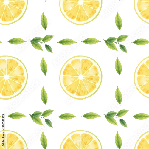 Texture with lemons, citrus fruits, fresh, sour, soft pastel yellow tones, repeating watercolor pattern.