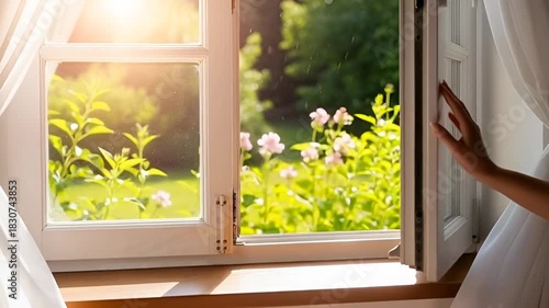 Gentle breeze flows as woman opens window to a bright, sunny garden view