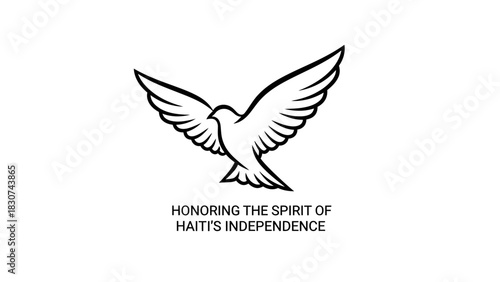 White dove flying with outstretched wings, symbolizing peace and freedom, above text honoring Haiti's independence spirit.