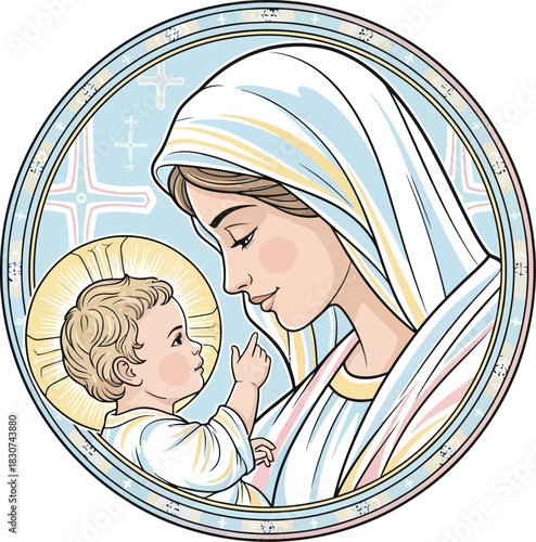 Beautiful illustration of Virgin Mary and baby Jesus gazing lovingly in soft pastel colors, perfect for Catholic holidays and heartfelt religious celebrations