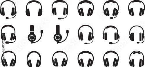 Headphone icons collection featuring different headset designs on white background