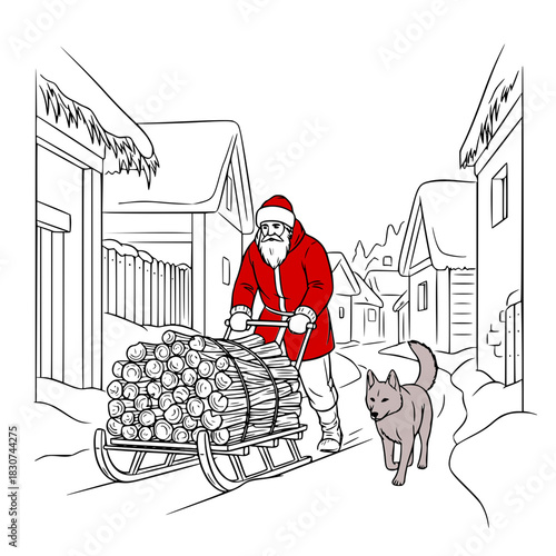 Santa Claus pulling sled with firewood while walking dog in winter  - man pulling sled uphill