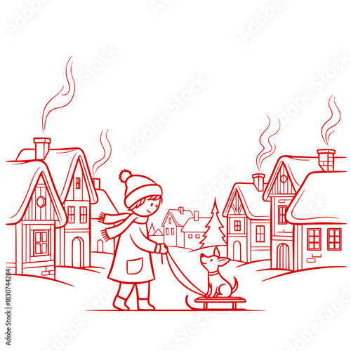 sled in village alley and a cute girl sledding a dog in winter village with cozy homes   in a minimalistic charming vector