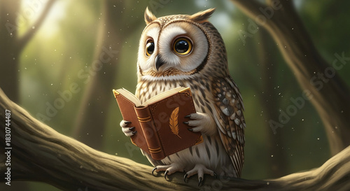 Adorable owl reading book on branch in sunlit forest.