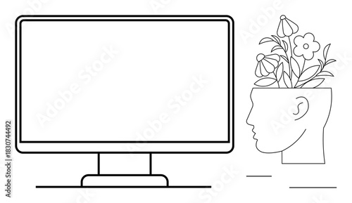 Side profile head with flowers blooming, computer screen. Ideal for innovation, creativity, technology, growth, mental health, education, design in simple flat metaphor