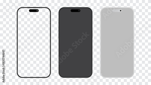 Minimalist Smartphone Mockup Set – Line Style, Solid Black, White, and Realistic Phone Frames for UI and UX Design, App Presentation, and Digital Product Templates – Vector Illustration