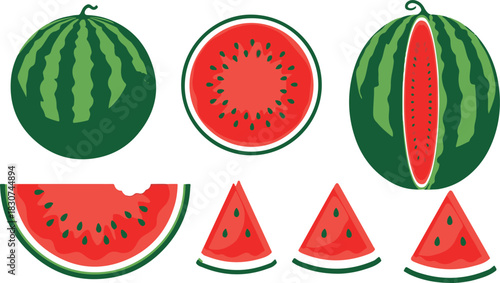 Watermelon assortment including whole sliced and cut pieces isolated on white