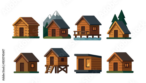 Cabin and house collection, mountains, trees, flat vector illustration