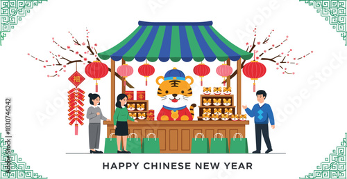 Happy Chinese New Year Market Celebration Vector Showing People Shopping at a Stall with Tiger Mascot, Lanterns, and Firecrackers for the Holiday