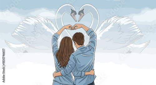 Romantic couple embracing, making heart shape with hands, swan symbol of love, wedding concept, valentines day romance, tender feelings, commitment