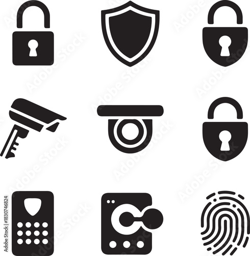 Security icons, padlock protection, surveillance camera, shield safety, fingerprint scanner, digital access, lock symbol