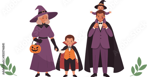 Happy Family in Halloween Costumes Vector Illustration: Witch, Vampire, and Children Trick-or-Treating with a Pumpkin Basket