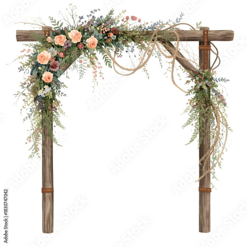 Watercolor rustic wooden wedding arch decorated with branches, pastel wildflowers, greenery, dried flowers, evergreen, cowboy charm aesthetic