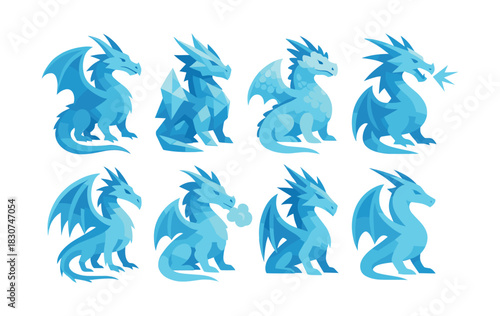 Dragon collection, mythical creatures, fantasy art, flat vector illustration