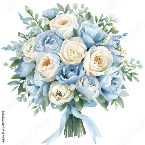 Romantic watercolor bouquet illustration with delicate blue and white peonies and roses tied with soft blue ribbon dreamy aesthetic