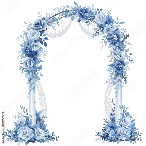 Watercolor porcelain-inspired wedding arch decorated with blue white floral patterns, lace, romantic refined atmosphere, delicate brushstrokes