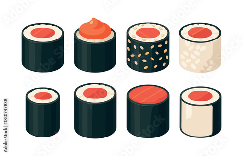 Assorted sushi rolls, flat vector illustration, seafood, japanese cuisine