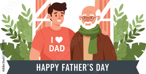 Happy Father's Day Greeting Vector Illustration Showing Adult Son and Elderly Father Embracing with Love and Affection in Nature