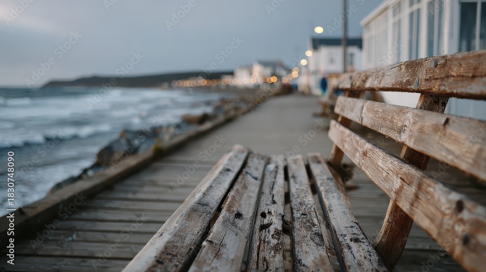 Fototapeta premium A picturesque scene of weathered wooden benches along a tranquil beach boardwalk, capturing the essence of relaxation, solitude, and natural beauty.
