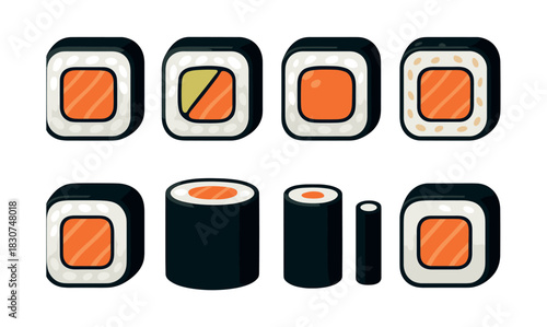 Sushi roll assortment, japanese cuisine, seafood, flat vector illustration