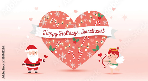 Spread holiday cheer with this adorable Santa and Cupid design, perfect for Valentine's Day and Christmas promotions to warm hearts this season