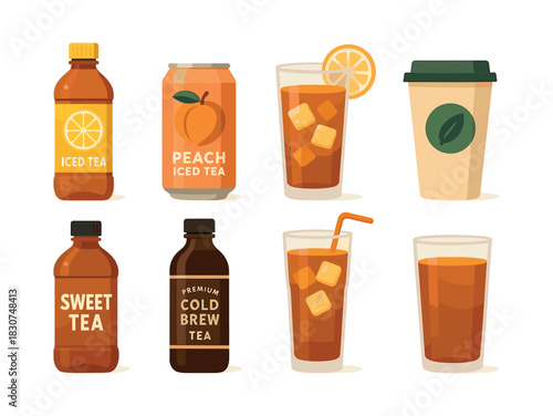Iced tea and sweet tea selection, peach, cold brew, flat vector illustration
