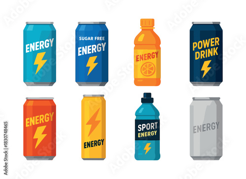 Energy drink cans, flat vector illustration, sports beverages, health-focused design