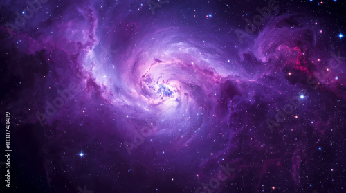 Purple nebula and glowing stars in deep space cosmic scene with dark background.