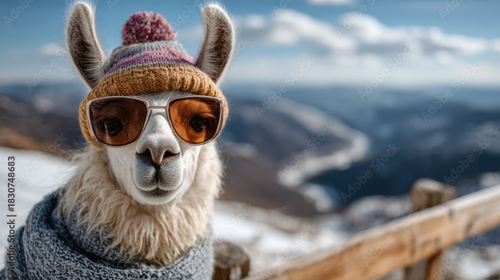 Fototapeta premium A fashionable llama wearing sunglasses and a colorful hat poses outdoors against a breathtaking mountain backdrop, combining whimsy and charm in a delightful scene.