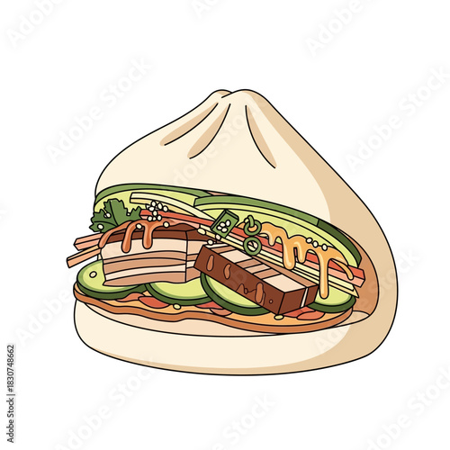 Vibrant illustration of an open bao bun, filled with tender pork belly, fresh cilantro, crisp cucumber, and a creamy sauce, ideal for Asian cuisine and culinary design