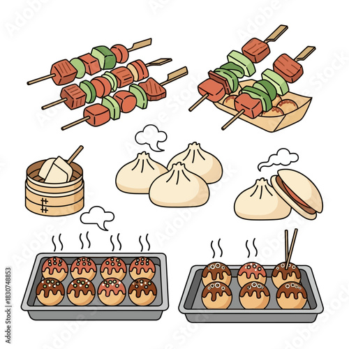 Cartoon depiction of various Asian street foods